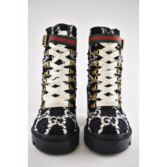 Gucci Black White GG Logo Tweed Lace Up Tie Block Heel Lug Sole Combat Boot 36.5 - Picture 11 of 16
